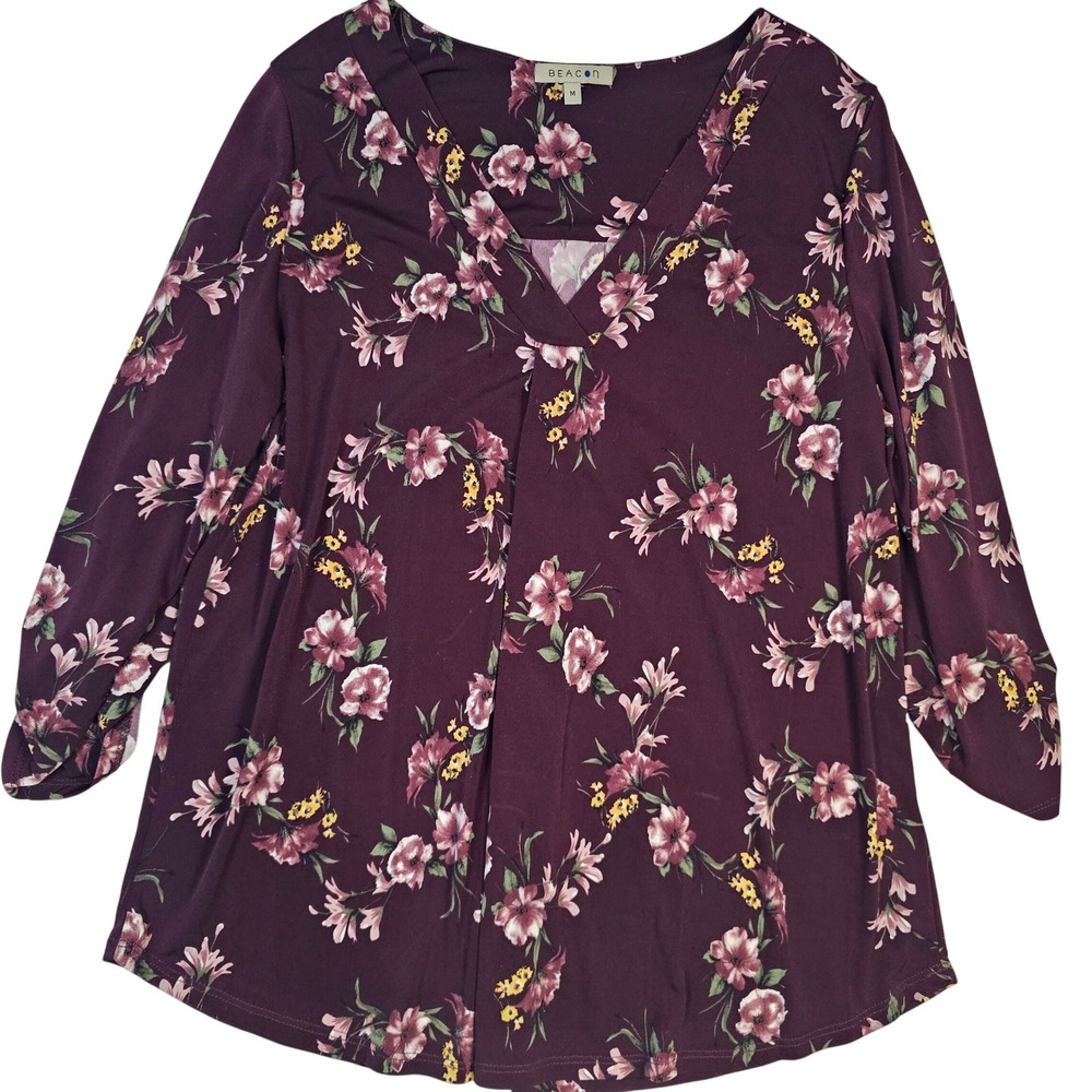 Beacon Womens Medium Plum Purple Floral V-Neck 3/4 Roll Tab Sleeve Blouse Top